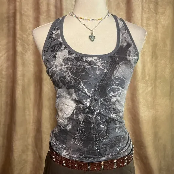 Vintage Y2K Tank Top Rhinestone Guitar Cut Out Back Sleeveless Indie Sleaze Punk - Picture 9 of 9
